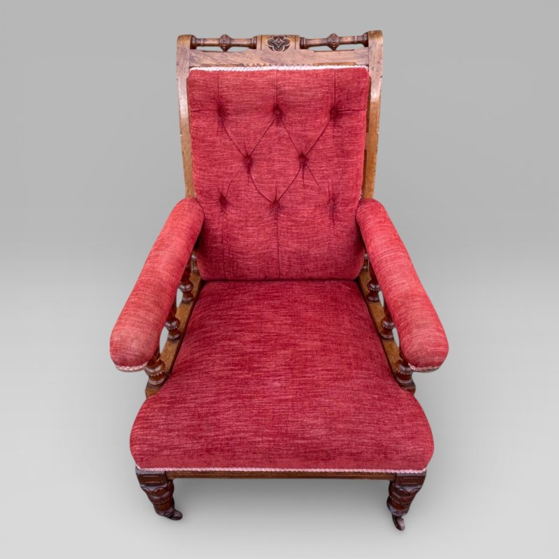 Antique Victorian Pair Of Ladies And Gentlemen’s Red Gothic Revival Oak Chairs - Image 4